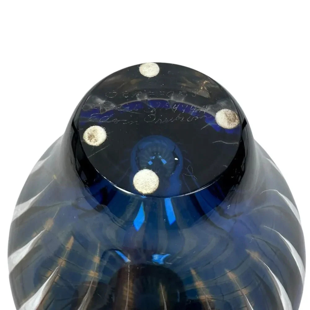 Vintage Orrefors Ariel Vase Edvin Ohrström Blue Amber Swirl Stripe Art Glass MCM